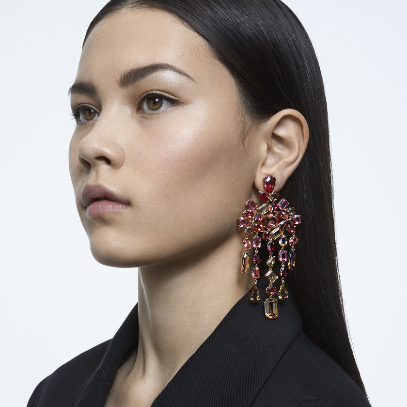 Gema clip earrings, Chandelier, Multicolored, Gold-tone plated